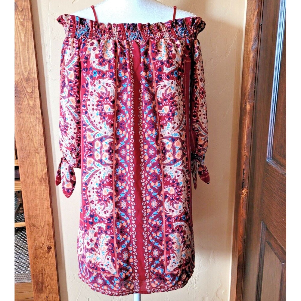 City Triangles Size L Floral Paisley Off Shoulder Boho Fairy Lined Tunic Dress